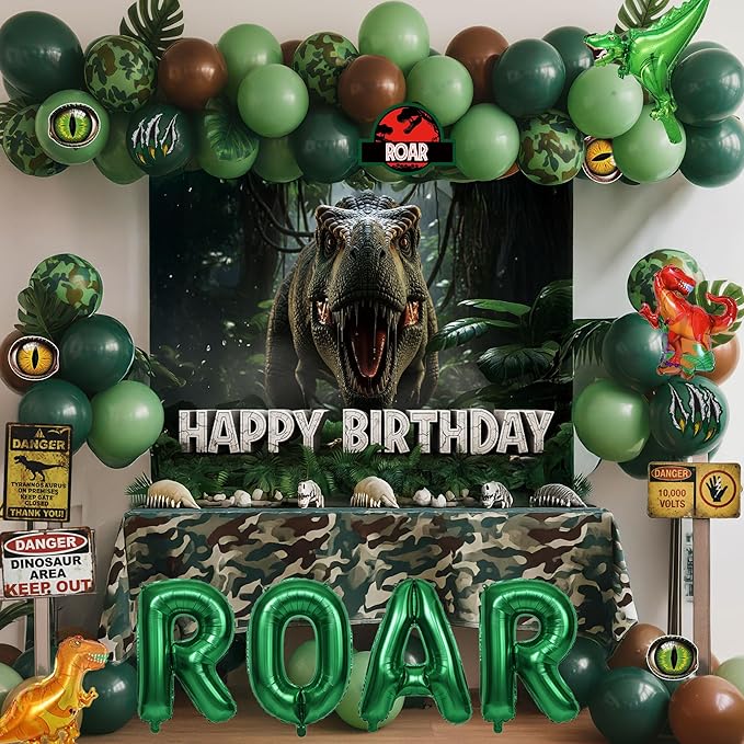 Dinosaur Birthday Decorations with Hunter Green Brown balloon arch & small T-Rex Foil balloons & backdrop Sign & Artificial Palm Leaves for Boys Jungle Safari Dino ROAR Party Supplies (Green Brown)