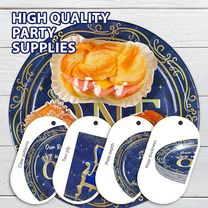 96Pcs Royal Prince 1st Birthday Party Decorations Blue Gold Baby Boy Plates and Napkins Blue Gold Little Prince Tableware Set for Boys 1st Birthday Baby Shower Party Supplies Serves 24