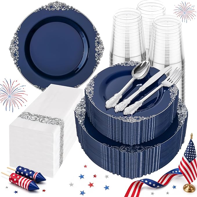 Hioasis 350pcs Blue and Silver Plates - Blue Party Plates for 50 Guest, Include 100 Heavy-duty Plates(20% Thicker Than Standard), 150 Cutlery Set, 50 Napkin, 50 Cups for 4th ofJuly