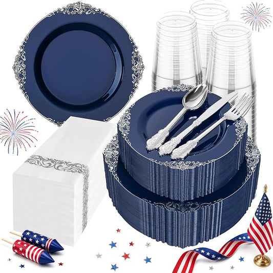 Hioasis 350pcs Blue and Silver Plates - Blue Party Plates for 50 Guest, Include 100 Heavy-duty Plates(20% Thicker Than Standard), 150 Cutlery Set, 50 Napkin, 50 Cups for 4th ofJuly