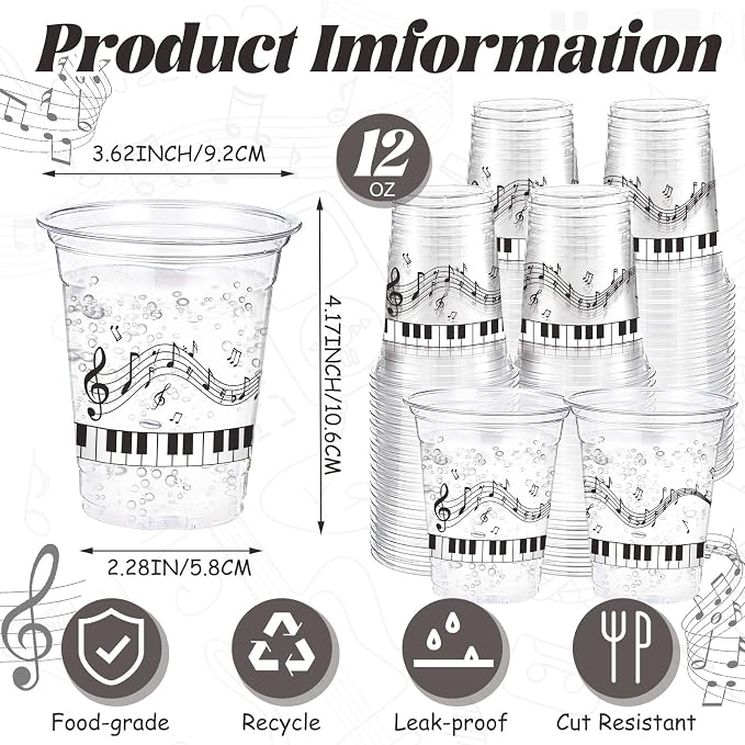 Funnymoom 60 Pack Piano Notes Plastic Cup 12 oz Disposable Clear Plastic Music Cups for Men Women Music Lovers Birthday Graduation Wedding Anniversary Party Decorations Favors