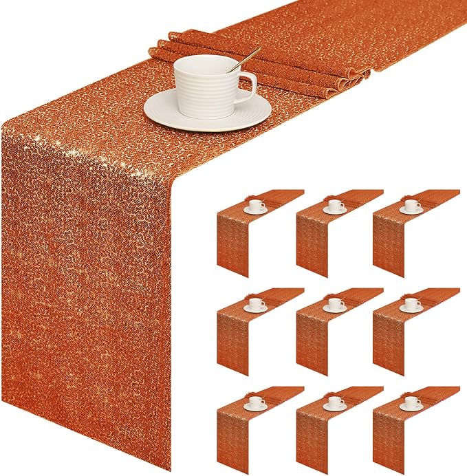 Sugargirl 10 Packs 12 x 72 inches Sequin Table Runner, Glitter Orange Table Runner for Birthday Party Supplies Wedding Holiday Celebration Event Decorations