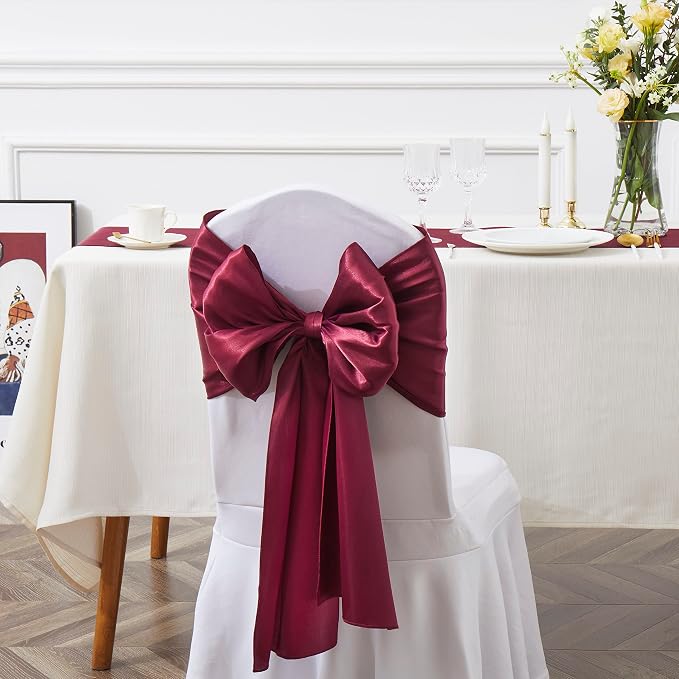 10 Pcs Burgundy Satin Chair Sashes Bows Universal Chair Cover for Wedding Reception Events Banquets Party, Hotel Event Decorations, 6 x 108 inch