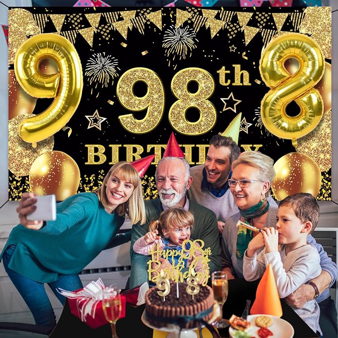 98th Birthday Decorations Men Women with 98th Birthday Banner, Black and Gold Table Cloth, Number Balloons, Large Sash, Cake Topper and Candles