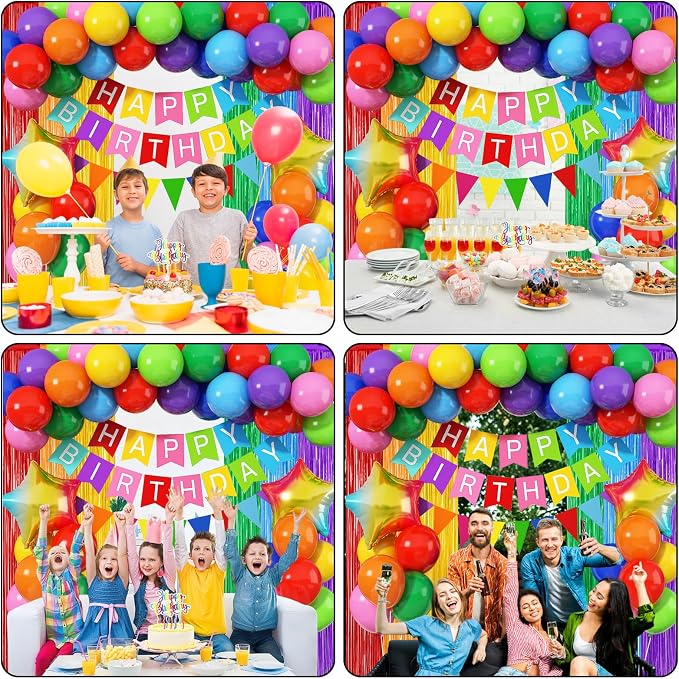 Jobkoo Rainbow Birthday Decorations for Kids, Colorful Party Decor Assorted Color Latex Foil Balloons Fringe Backdrop Happy Birthday Banner Cake Toppers for Boys Girls Carnival Circus Party Supplies