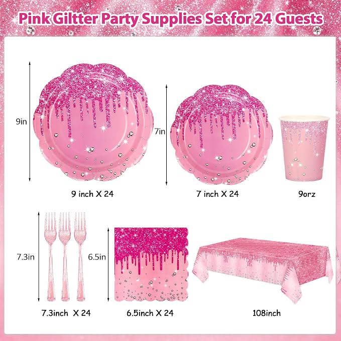 Pink Iridescent Plates and Napkins Party Supplies Set, Scalloped Disposable Plates Cups Napkins Forks Tablecloth, for Princess Birthday Baby Shower Bridal Shower Wedding Decorations, Serves 24 Guests