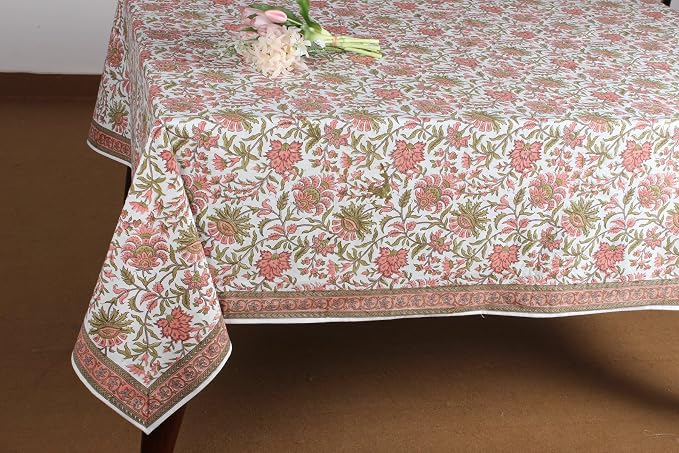 Ridhi New York Pink and Olive Green Hand Block Print Cotton Rectangle Tablecloth 120" x 80" inches Reusable Table Cover Decorative Everyday Use for Dining Room, Farmhouse, Gift Spring, Mother's Day