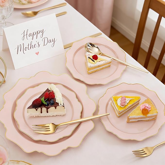 WDF 200PCS Pink Plastic Plates - Pink and Gold Plastic Plates - Include 100 Dinner Plate and 100 Cake Plate for Spring/Wedding/Bridal Shower/Tea party/Mother's Day