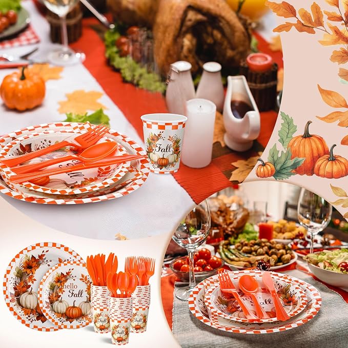Sliner 350 Pcs Fall Paper Plates and Napkins Sets Party Supplies Thanksgiving Disposable Tableware Set Heavy Duty Pumpkin Paper Plates Orange Fall Cups Napkins Knife Fork Spoon, Serve 50 Guests
