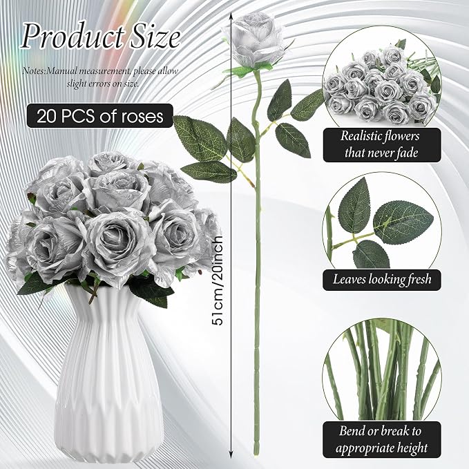 Hotop 20 Pcs Artificial Rose Flowers with Long Stem, Real Lifelike Silk Realistic Plastic Bouquet Roses Bulk for Home Decor Bridal Wedding Party Table Centerpieces Decorations(Silver)