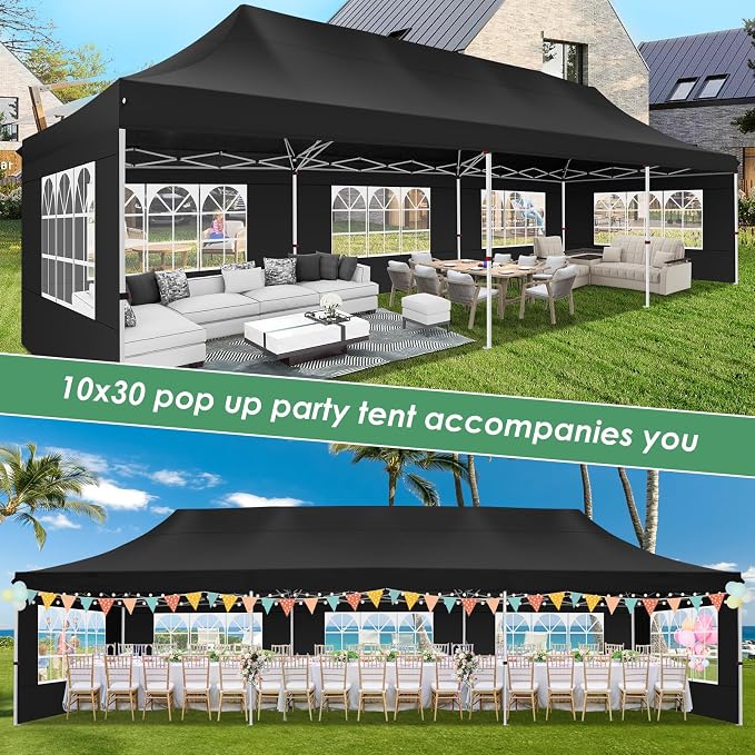 COBIZI Canopy Tent 10x30 Pop Up Canopy with 8 Removable Sidewalls Party Tents for Parties Wedding Patio Commercial Waterproof and UV50+ Ez Outdoor Instant Gazebo with Roller Bag & 4 Sandbags（Black）