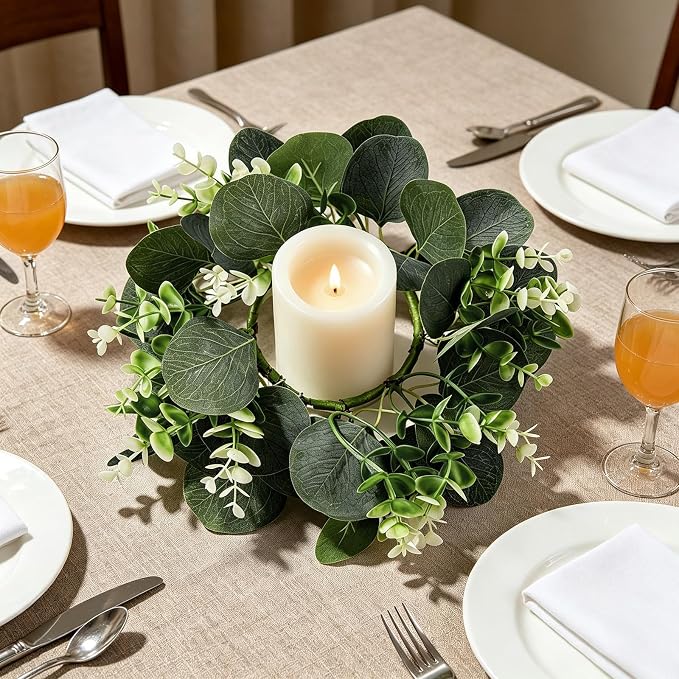 12 Pcs Artificial Eucalyptus Candle Rings Wreaths, 9 Inch Candle Rings with Baby Breath, Greenery Candle Rings for Pillar Candles, Wedding Centerpieces, Home Decor
