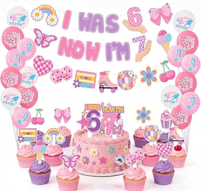 67 Birthday Decorations Set for Girls, 46PCS, Turning 7 Theme Birthday | Paper-3 Banners,24 Cupcake Toppers,1 cake Toppers,18 Balloons, i was 6 now im 7 birthday decorations