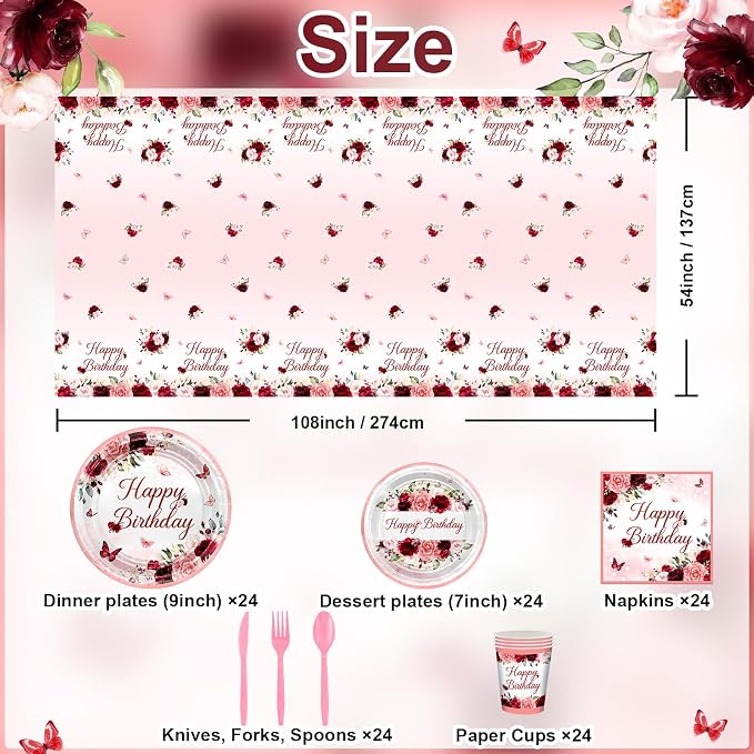 Burgundy Birthday Party Decorations 169 Pcs Burgundy Plates and Napkins Cups Tablecloth Serve 24 Rose Gold Floral Butterfly Party Supplies for Women Girl