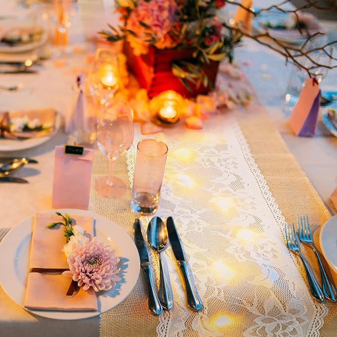 Xinnun 6 Pack Burlap Table Runner with Warm LED Lights,Rustic Lace Wedding Table Decor,Boho Farmhouse Jute Runner for Reception Bridal Shower Party(Novelty,12x108 Inches)