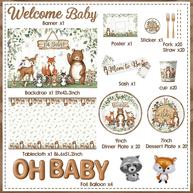 Woodland Baby Shower Decorations,273pcs Woodland Animals Baby Shower Decorations With Plates and Napkins Cups Tablecloth Backdrop Balloon Arch Cake Toppers for Woodland Creatures Baby Shower Supplies