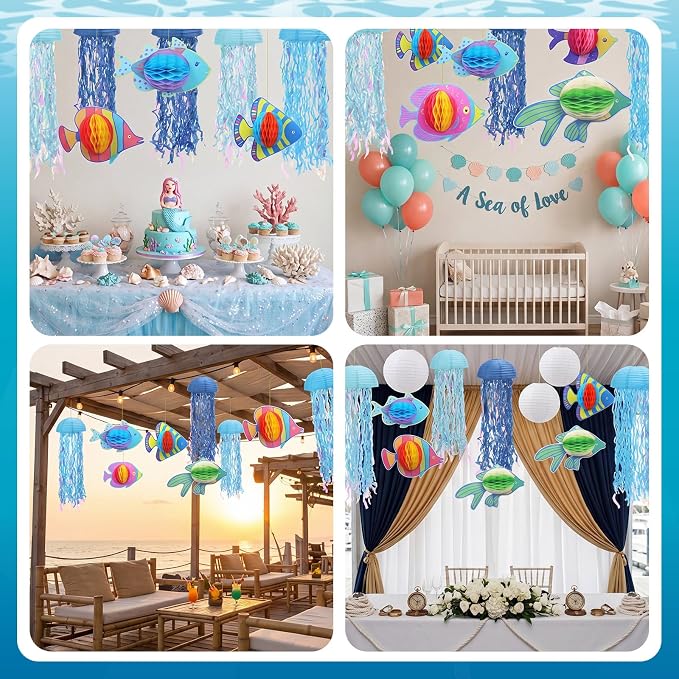 Ceenna 18 Pcs Under the Sea Decorations Kit with 6 Hanging Jellyfish and 12 Tropical Fish, for Mermaid Birthday Party, Ocean Shower, Nautical Wedding, and Beach Classroom Decor(6 Types of Fish)