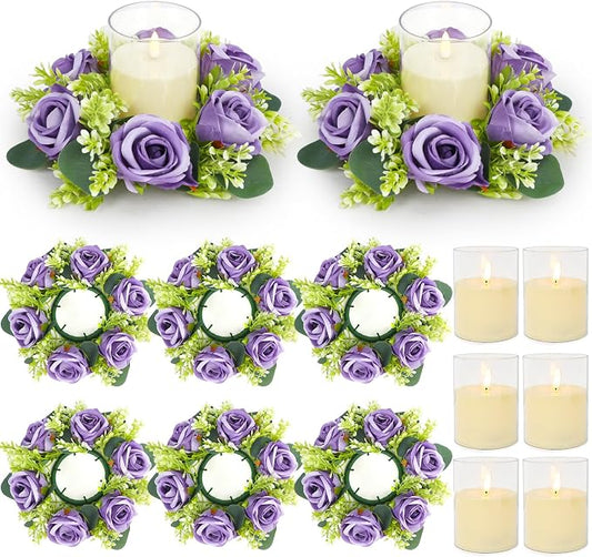 Purple Rose Candle Rings with Flameless Candles Sets - 12PCS Artificial Flower Eucalyptus Wedding Centerpiece 3 Inch Pillar Candleholders Wreaths for Wedding Party Decor (Purple - 6 Sets)