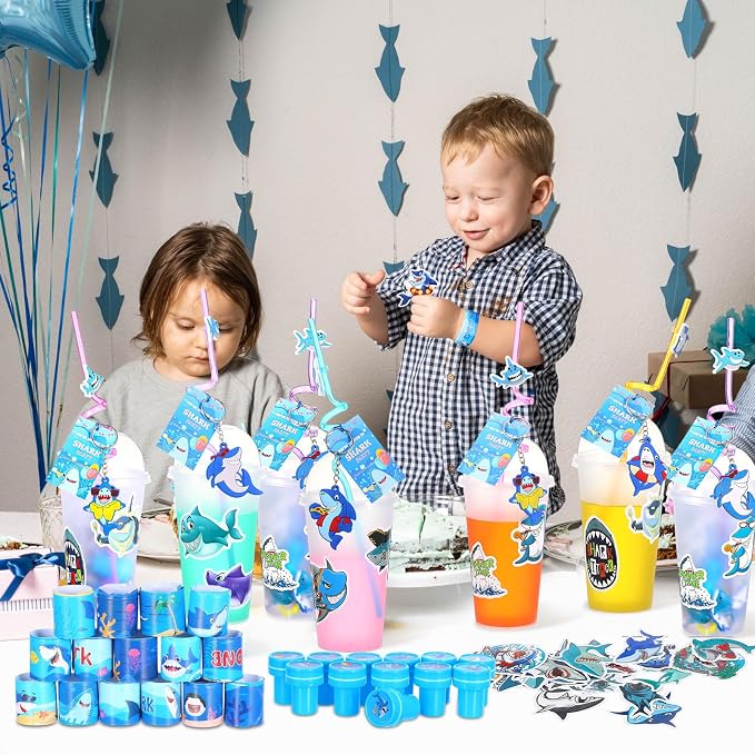 Qilery 195 Pcs 16 Guests Shark Birthday Party Favors for Kids Includes Plastic Cup with Lid Straw Keychain Bracelet Ring Stamper Stickers Tag for Party Favors Piñata Filling