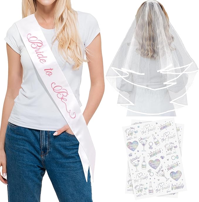 Elegant Bride to Be Sash Set – Embroidered Sash, Plain Veil & Temporary Tattoos – Bridal Shower Hen Night Bachelorette Party Accessories