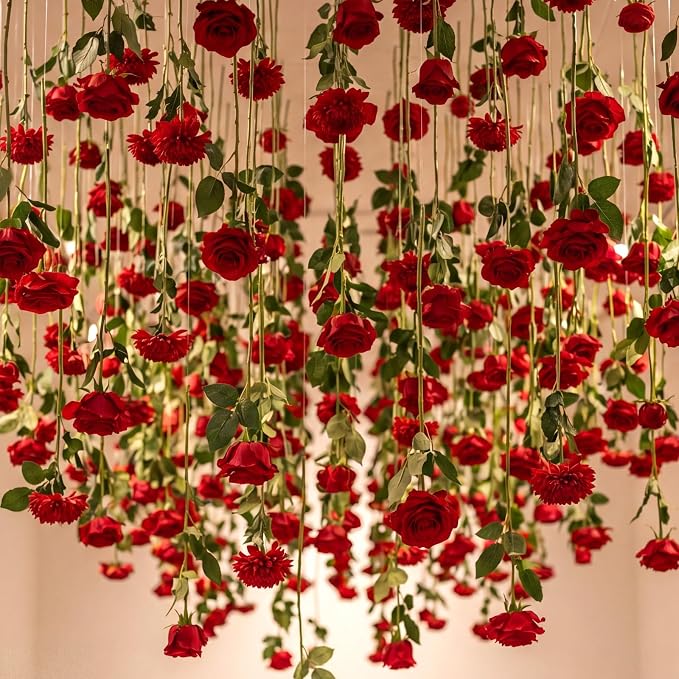 Lyrow 120 Pack Red Roses Artificial Flowers Bulk Hanging Floating Garland Fake Red Rose Vine for Ceiling Decoration Wedding Anniversary Bridal Bouquet DIY Floral Arrangement Proposal Romantic Decor