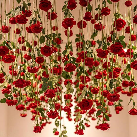 Lyrow 120 Pack Red Roses Artificial Flowers Bulk Hanging Floating Garland Fake Red Rose Vine for Ceiling Decoration Wedding Anniversary Bridal Bouquet DIY Floral Arrangement Proposal Romantic Decor