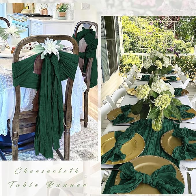 12 Pack Emerald Green Cheesecloth Table Runner 17 x 108 Inch Gauze Table Runner Fabric Semi Sheer Cheese Cloth Table Decor Bulk for Rustic Romantic Wedding Baby Shower Table Decoration
