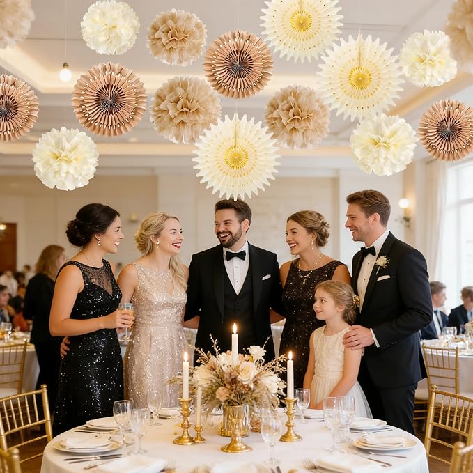 SUNBEAUTY Brown Party Decorations Boho Wedding Party Decor Brown Beige Tissue Pom Poms Paper Fans Hanging Neutral Women Birthday Party Decorations Bridal Shower Baby Shower Rustic Engagement Decor