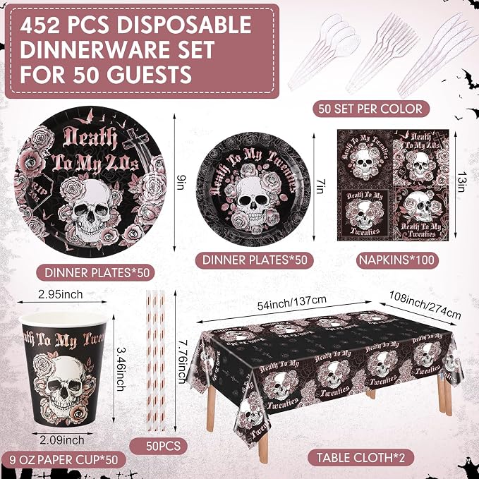 Funnymoom 452 Pcs Death to My 20s Decoration for Her Serves 50, Black Rose Gold Rip 20s Paper Plates Napkins Cups Tablecloth Cutlery Straw for Women Death to My Twenties 30th Birthday Party Supplies