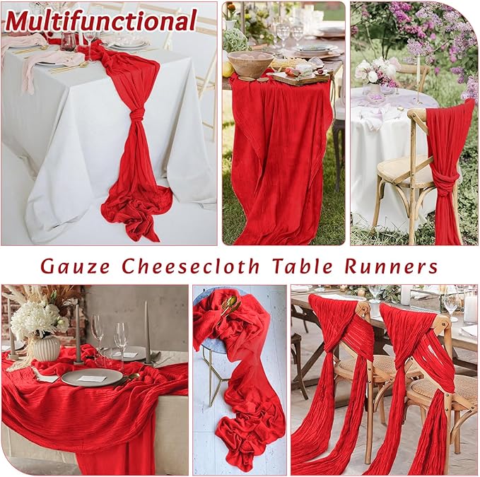 16Pack Red Table Runner 10FT Red Cheesecloth Table Runner 35x120Inch Long Boho Cheese Cloth Table Runners Rustic Gauze Table Runners for Party Wedding Bridal Baby Shower Table Decor