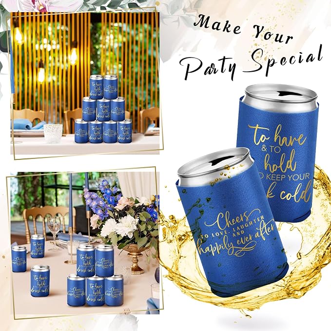 Qinyoung 50 Pieces Blue Wedding Can Cooler Bulk Engagement Party Favors for Guests Cheers to Love and Happily Ever After Rehearsal Dinner Decorations for Wedding Bridal