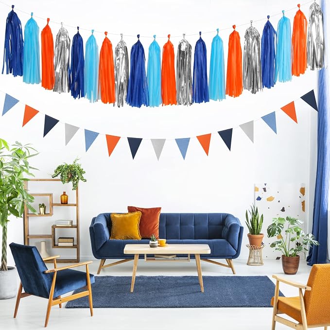 Blue-Silver Orange Space Party-Decorations Streamers-Garland - 30pcs Graduation 2026 Tissue Pom Poms,Tassel Banner Backdrop Birthday Boy Baby Shower Decor Bunting Lasting Surprise