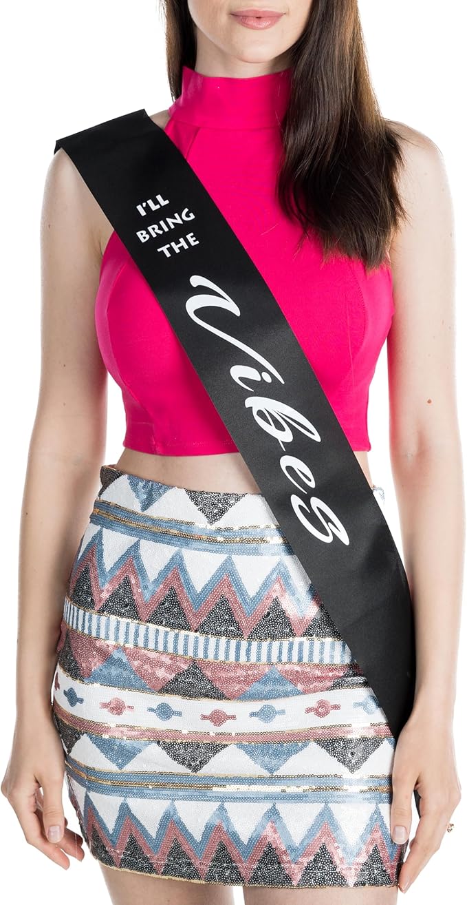 Funky Junque Bridal Sash Bachelorette Party Bridal Shower Gift - I'll Bring The - Vibes (Black/White)
