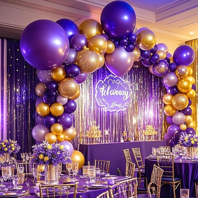 63 PCS Purple Gold Birthday Party Balloons Decoration for Girl Women | with Photo Backgrounds Backdrops, Happy Birthday Sign Banner Cloth, Confetti Balloon