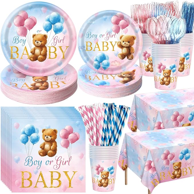 Funnymoom 452 Pcs Bear Themed Gender Reveal Party Decorations for 50, Boy or Girl Gender Reveal Paper Plates Napkins Cups Tablecloth Cutlery Straws for Pink Blue Baby Shower Party Supplies