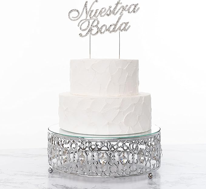 Sparkly Rhinestones Silver Cake Topper - Special Words Decoration for Wedding, Birthday, Gender Reveal & Anniversary Cakes – 6 ½"W x 3 ¼"H (Nuestra Boda)