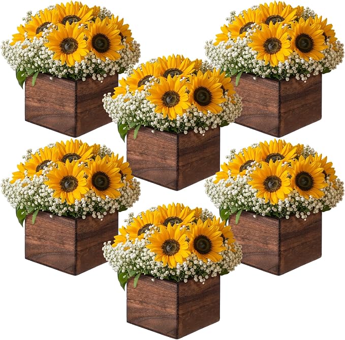 Suncalla 162 Pcs/6 Set Sunflower Centerpieces for Tables with Wood Box Farmhouse Babysbreath Centerpiece Vase Decor for Engagement Party Bridal Shower Centerpieces Wedding Reception Picnic Table Decor