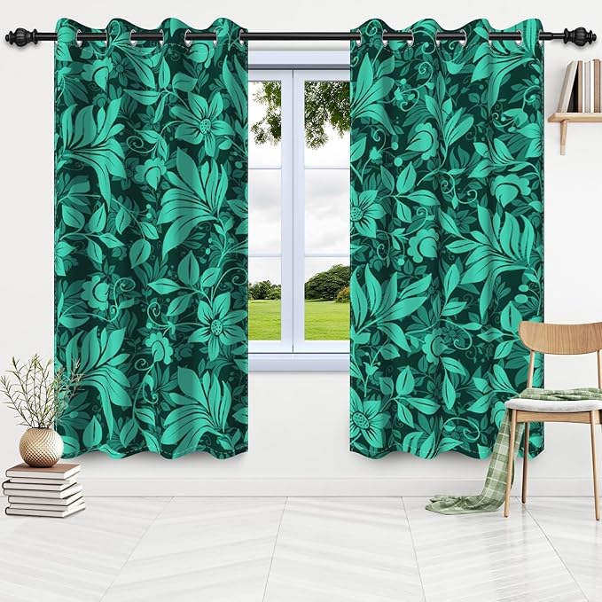 Spring Green Leaves Window Curtains Mysterious Green Flowers Plants Blackout Window Drapes Spring Scenery Window Treatment Sets Bedroom Living Room Light Blocking Decor,26x45 inch,2 Panels