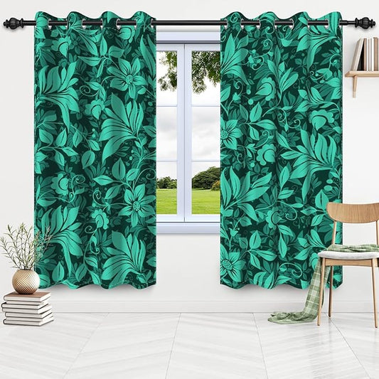 Spring Green Leaves Window Curtains Mysterious Green Flowers Plants Blackout Window Drapes Spring Scenery Window Treatment Sets Bedroom Living Room Light Blocking Decor,26x24 inch,2 Panels