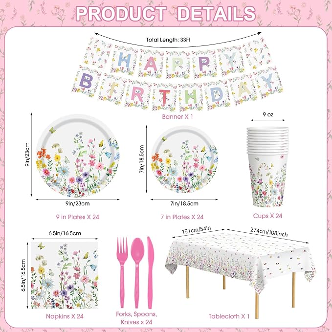 170 Pcs Spring Flower Birthday Party Decorations Sets, Includes Happy Birthday Banner, Floral Plates, Napkins, Cups, Plastic Silverware, Tablecloth for Wildflower Bday Party Supplies Decor, Serve 24