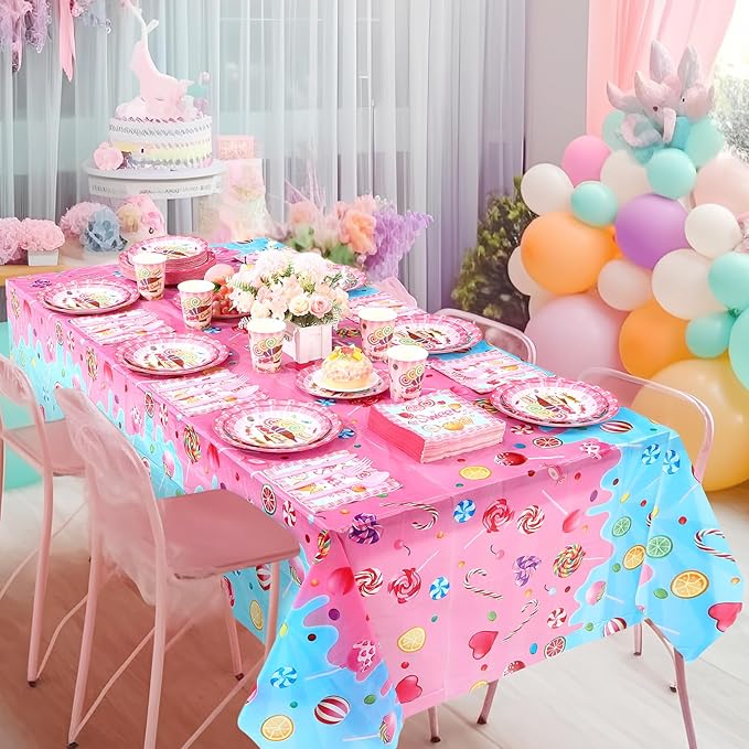 Funnymoom 452 Pcs Candyland Party Decorations Include Candy Paper Plates Napkins Cups Tablecloth Cutlery Straws Candy Birthday Dinnerware Disposable for Birthday Baby Shower Party Supplies