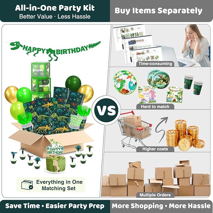 Dinosaur Birthday Decorations, Dino Party Supplies Set for Kids | Hand-Drawn Dinosaur Theme, Complete Party Kit, Easy Birthday Setup, Photo-Ready Backdrop