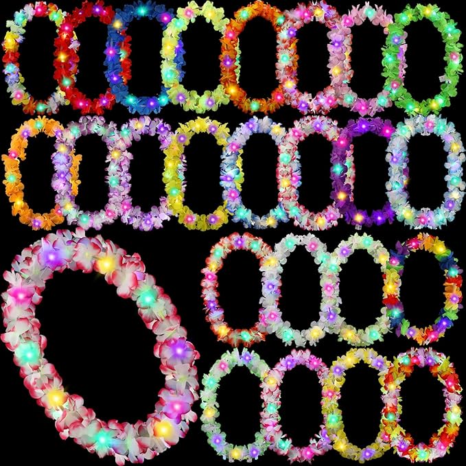Sherr 48 Pcs LED Hawaiian Leis Light up Flower Leis Necklace with LED Lights Luau Flowers Necklaces for Masquerade Beach Wedding Tropical Themed Party Supplies(Bright Colors)