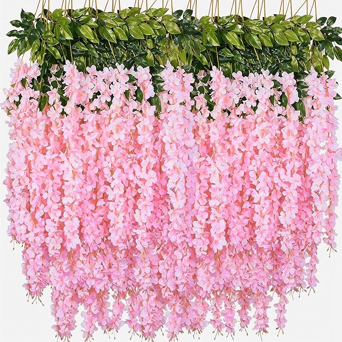 Artificial Wisteria Hanging Flowers Fake Wisteria Flower Garland Silk Vines Rattan Decor for Home Wedding Arch Wall Garden Greenery Bedroom Outdoor Office Party Decoration (12, Light Pink)