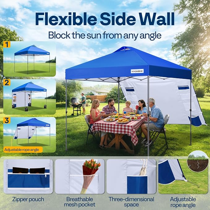 VIVOHOME 10x10ft Pop Up Canopy Tent with Sidewall and 6 Pockets, One Push Setup Outdoor Portable Shelter Tent Heavy Duty with Wheel Carry Bag and 4 Sandbags, Blue