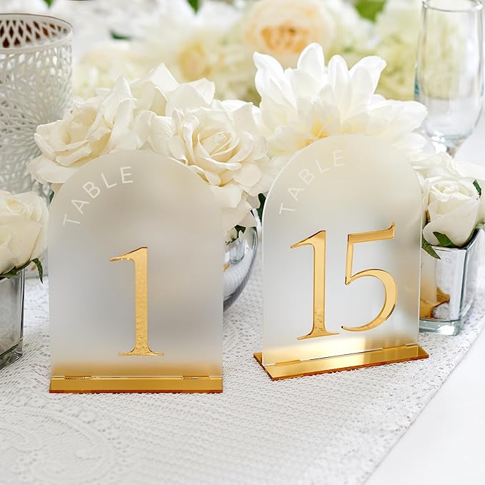 Frosted Arch Gold Table Numbers - 5x7" Frosted Arch Acrylic Table Signs with Gold Mirror Numbers for Banquet, Party, Event, Anniversary
