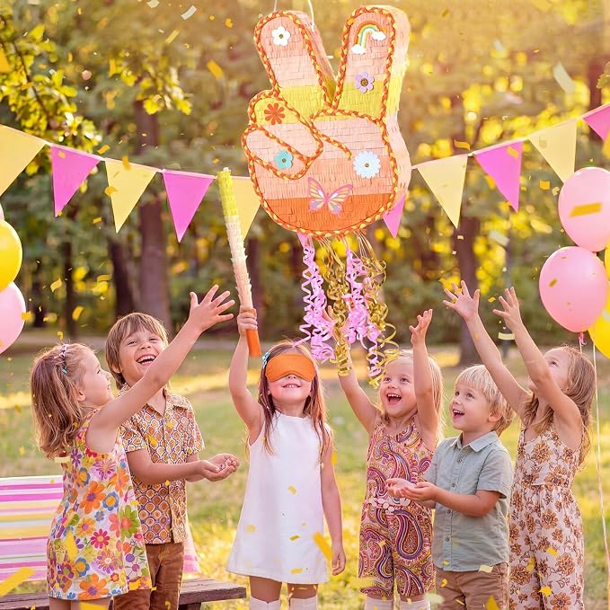 WERNNSAl Funny Groovy Peace Sign Piñata - Yellow Hippie Hand Gesture Piñata for Kids with Blindfold and Bat Retro Hip Hop Birthday Party Supplies Two Groovy Daisy Party Decorations