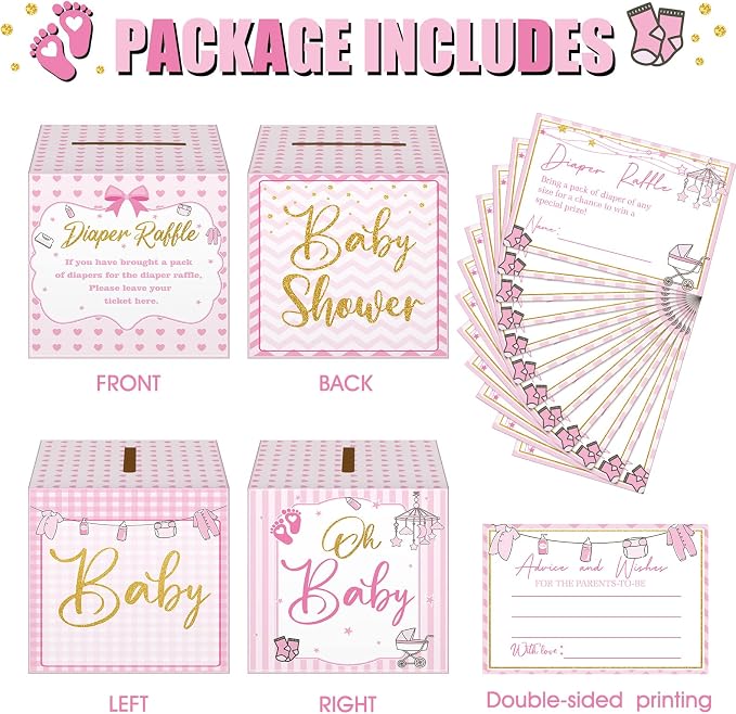 Teling 51 Pieces Diaper Raffle Tickets with Card Box Baby Shower Decorations Baby Shower Holder Box for Girl Boy Diaper Raffle Party(Pink Heart)