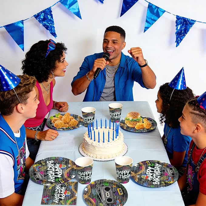 168Pcs Hip Hop Birthday Party Supplies Hip Hop Graffiti Wall 80s 90s Plates and Napkins Retro Neon Tableware Set for Retro Music Theme Colorful Birthday Party Decorations Serves 24