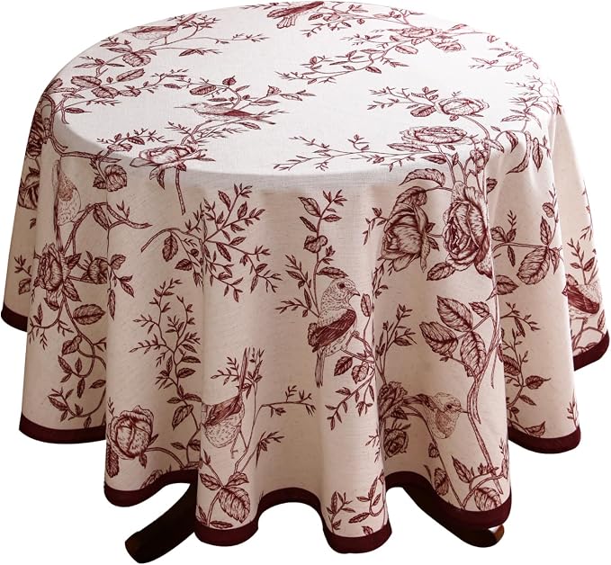 ISAENNE Designer French Linen Round Tablecloth,Diameter 55"-Harmony | Vintage Elegant Beautiful Decoration Table Cloth,Red Floral and Bird Pattern,Heavy,Dining,Tea Party,Kitchen,Thanksgiving